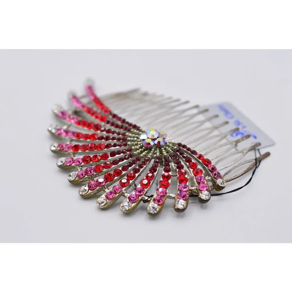 St. Clair Vintage Red Rhinestone Crystal Hair Pin Comb Aurora Borealis Pink